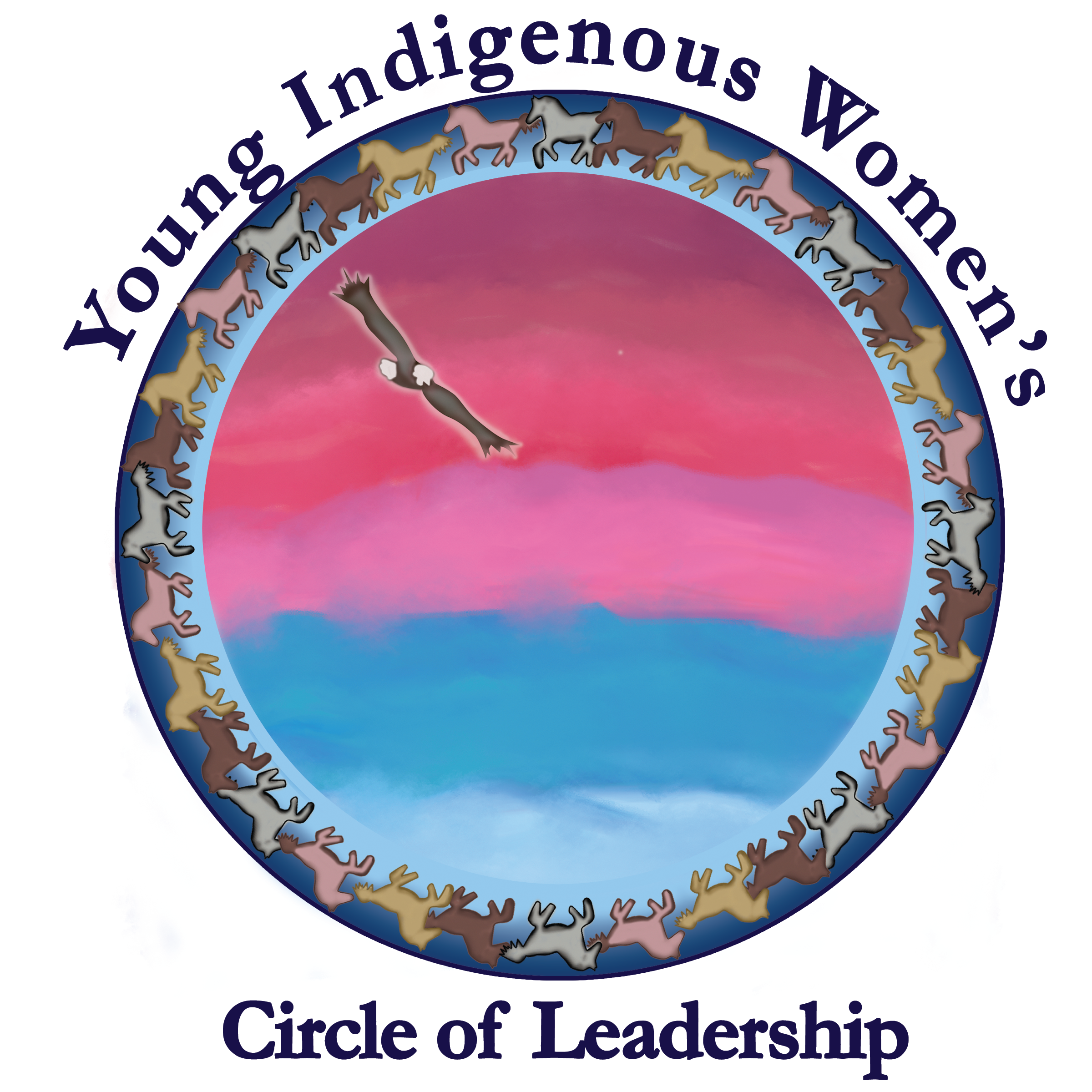 Text that says "Young Indigenous Women's Circle of Leadership" around a circle that has horses surrounding a sunset sky. An eagle flies against the background. 