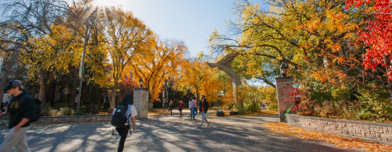 Students walk in front of the bus loop in fall on North Campus.