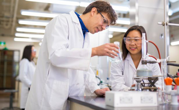 Students in a chemistry lab.