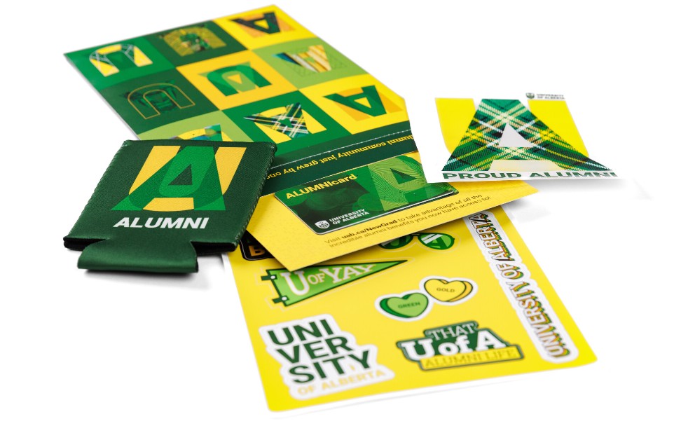U of A package of goodies, stickers, pamphlets, coseys