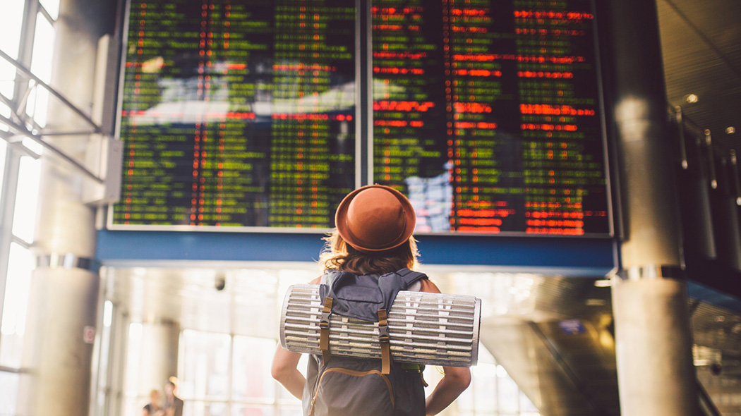 Woman looking at a transportation departing board