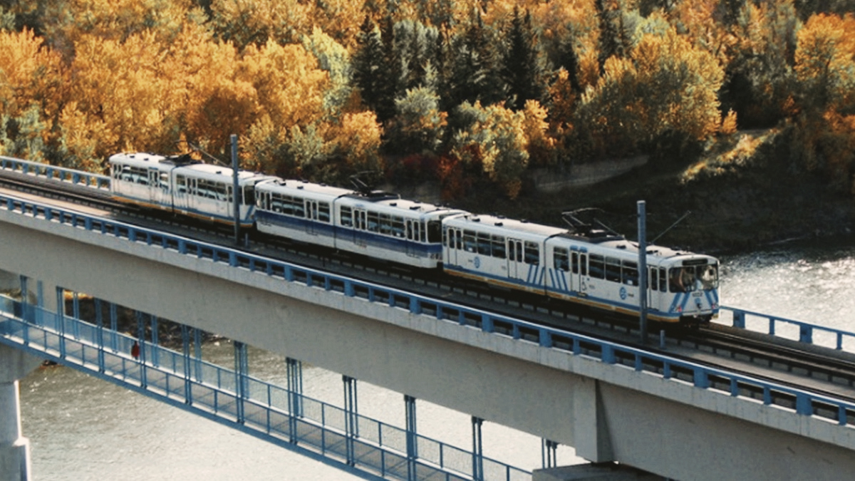 LRT train crossing river towards UofA