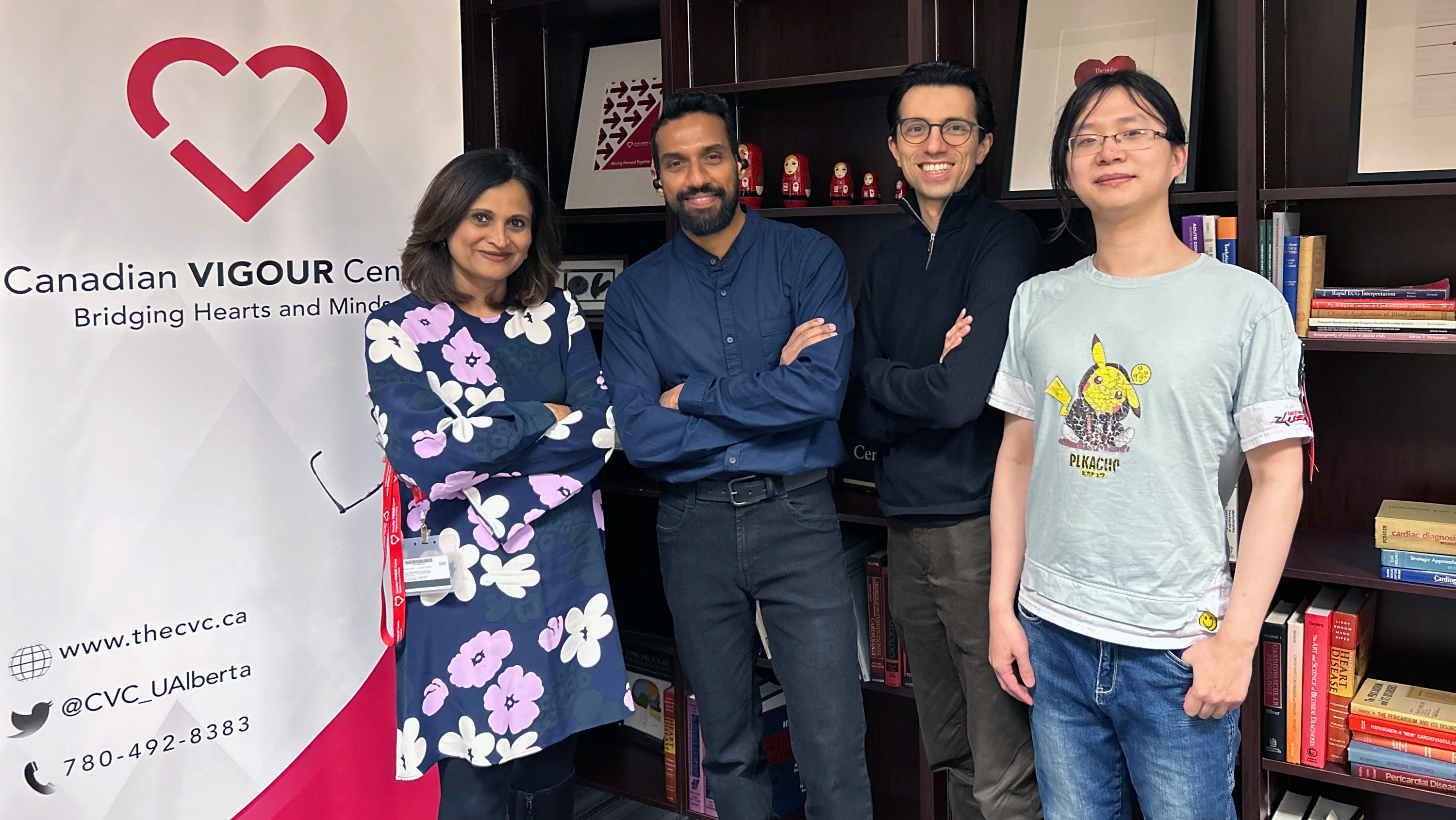 PADMA KAUL WITH RESEARCH TEAM MEMBERS SUNIL KALMADY VASU, NARIMAN SEPEHRVAND AND WEIJIE SUN. THE TEAM DEVELOPED A MACHINE LEARNING PROGRAM THAT CAN ACCURATELY PREDICT A PATIENT’S RISK OF DEATH WITHIN A MONTH, A YEAR AND FIVE YEARS BASED ON RESULTS FROM ROUTINE HOSPITAL TESTS. (PHOTO: SUPPLIED)