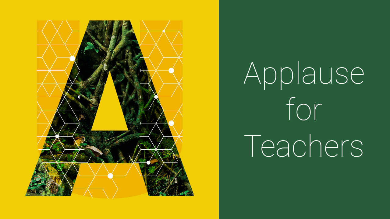 Overlapping UA logo with the text "Applause for Teacher" on a green backgrounds