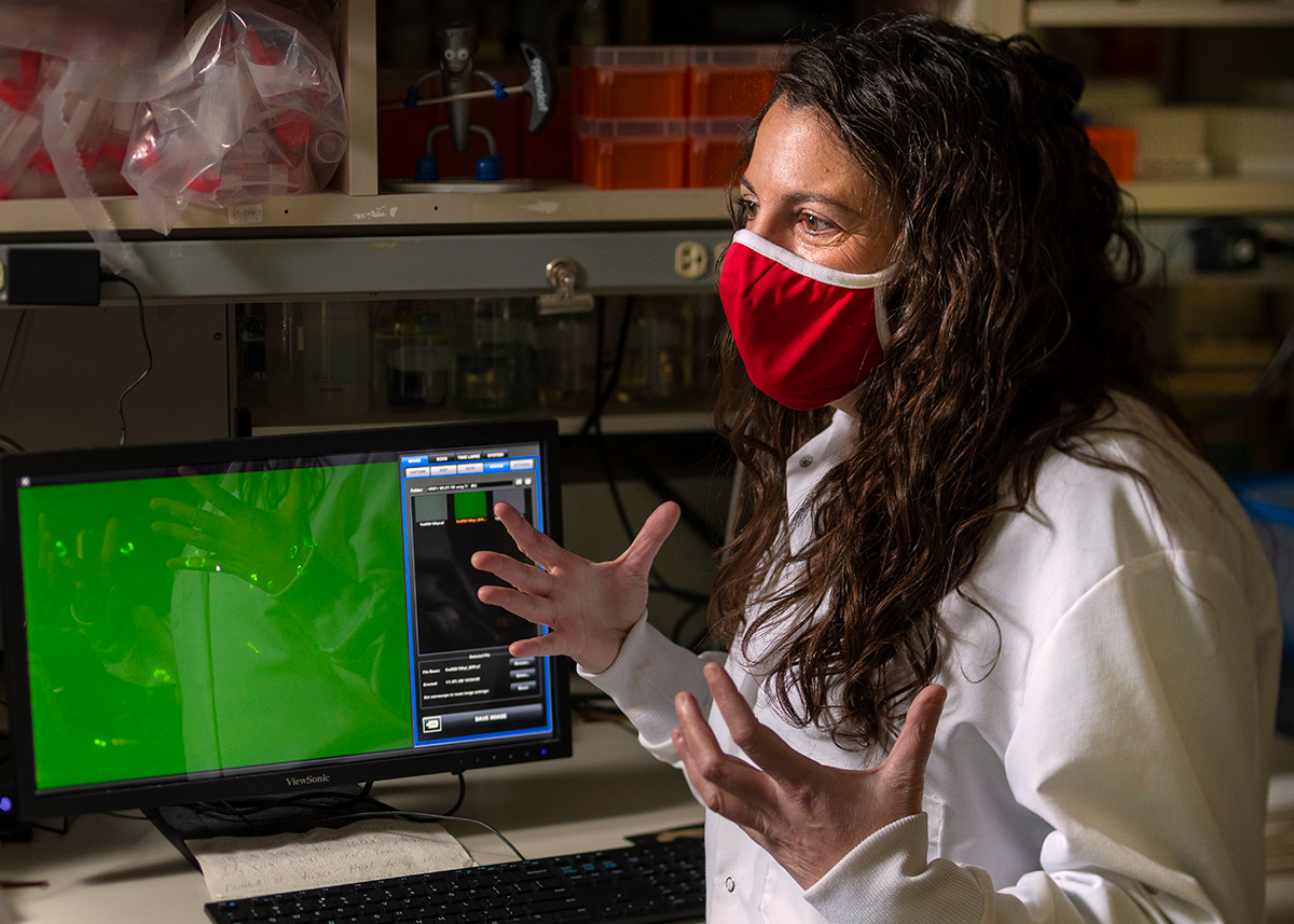 Photo of Maya Shmulevitz with mask on and near a computer