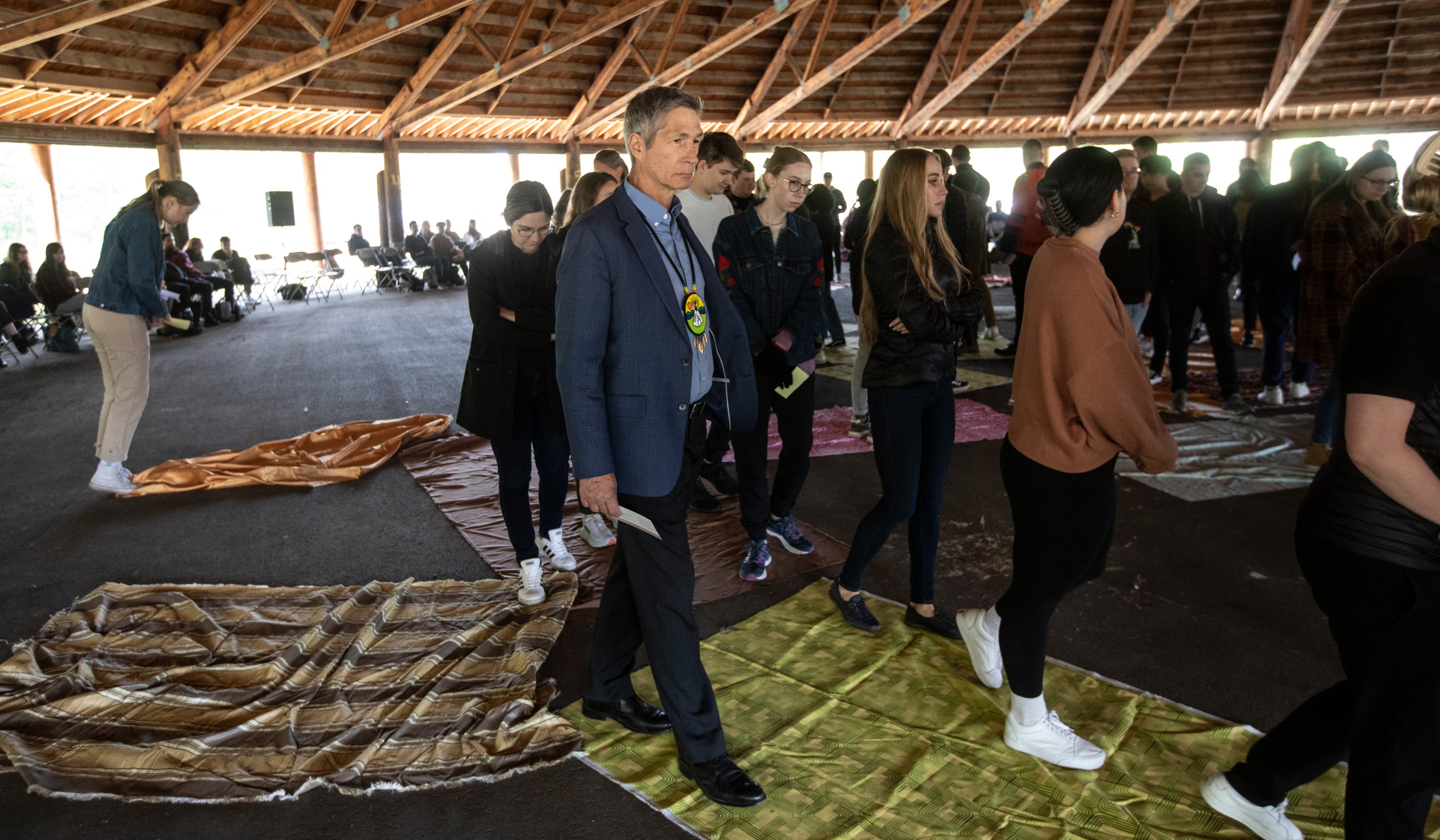 Derek Redman, chief judge of the Provincial Court of Alberta, joined the law students for the blanket exercise. (Photo: Jason Franson)