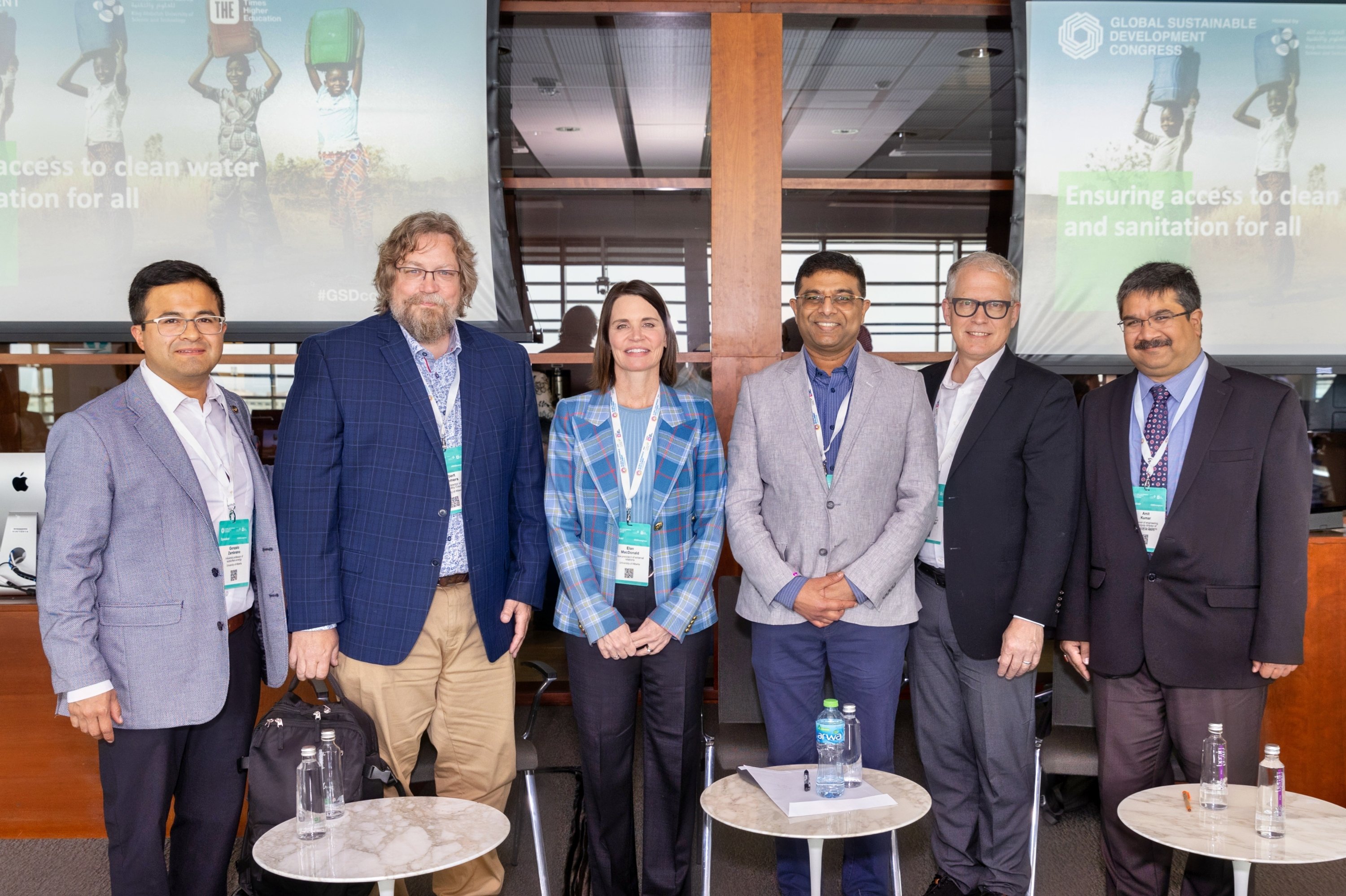 (From left) Professor Gonzalo Zombrano, Sustainability Council academic director Robert Summers, External Relations vice-president Elan MacDonald, professor Sandeep Agrawal, professor John Parkins and professor Amit Kumar were among the U of A speakers at a panel event on "Global Issues in Energy Transitions" held May 29 during the Global Sustainable Development Congress in Riyadh, Saudi Arabia. (Photo: Helmy Alsagaff)