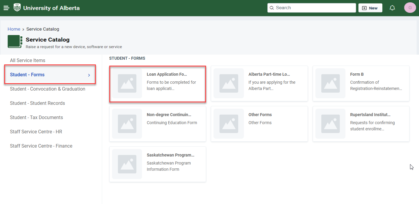 Screenshot of the Freshservice student portal showing where loan application form is located