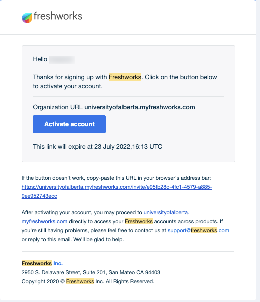 Screenshot of the Freshworks activation email