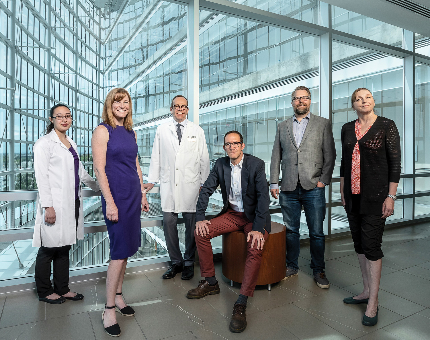 Leina Saito, graduate student, medical microbiology and immunology; Jennifer McCombe, associate clinical professor and MS neurologist; Chris Power, vice-dean research, MS neurologist and co-director, MS Centre; Bradley Kerr, associate professor, anesthesiology and pain medicine, co-director, MS Centre; Jason Plemel, assistant professor, neuroscientist; Maria Sprentz, person with MS