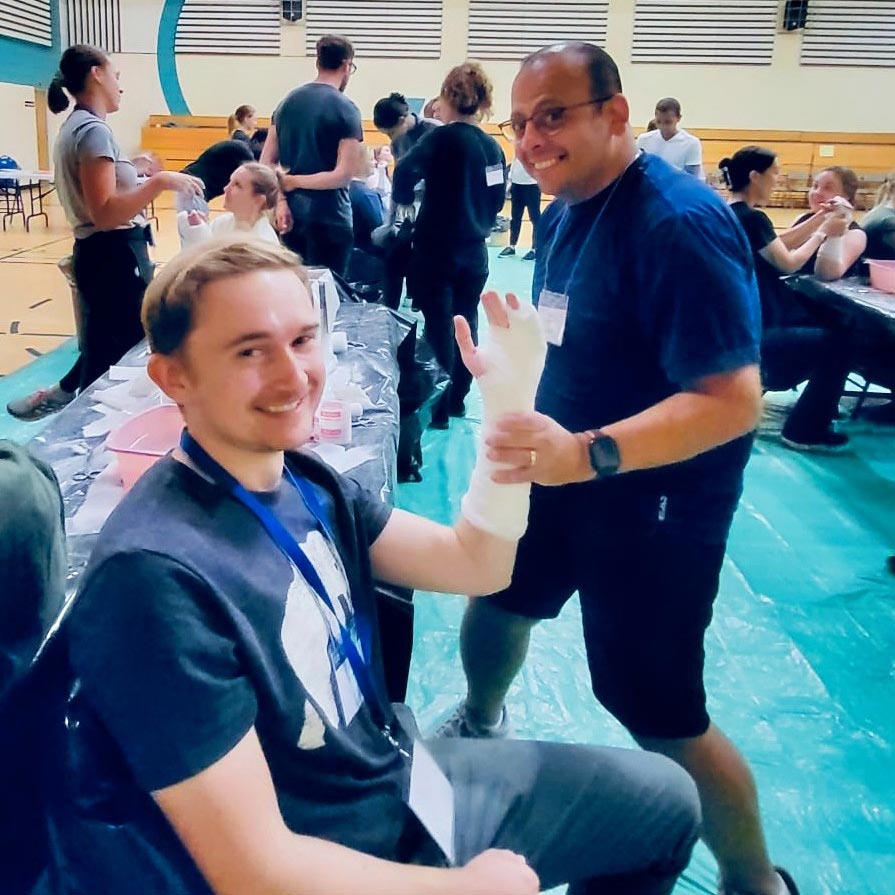 Kirill Lissovskiy (left) who is doing his second year as a family practice resident in Grande Prairie after completing his MD at the U of A, and fellow resident Sherief Youssef at a rural family medicine retreat in Hinton, Alta