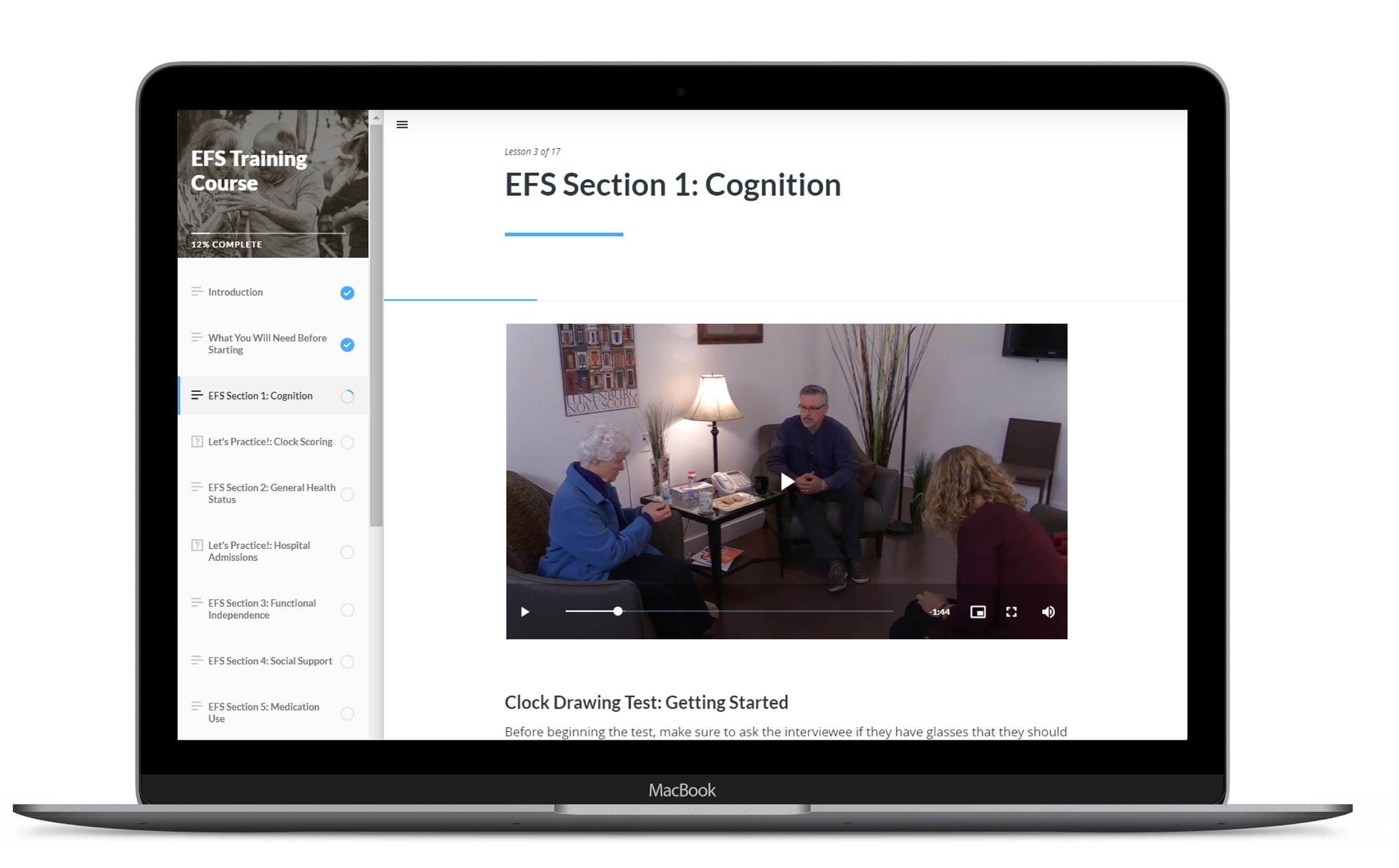 EFS course preview, showing Lesson 3 of 17 (EFS Section 1: Cognition). There is a video, and below that the introductory content for Clock Drawing Test, Getting Started. Along the left is a navigation bar with the other modules.