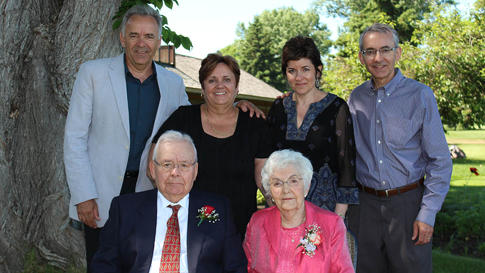 Front row left to right Myros and Natalie Samycia Back row left to right (children) Dwayne Samycia, Linda Raisbeck, Caroline Shewchuk and Gary Samycia.