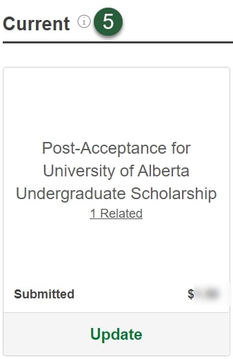 Once the award offer is accepted and the post-acceptance acknowledgement is submitted, the corresponding award record will be displayed in the Current section with the “Post-Acceptance for (award name)”, the status of Submitted, the accepted amount and the “Update” button.