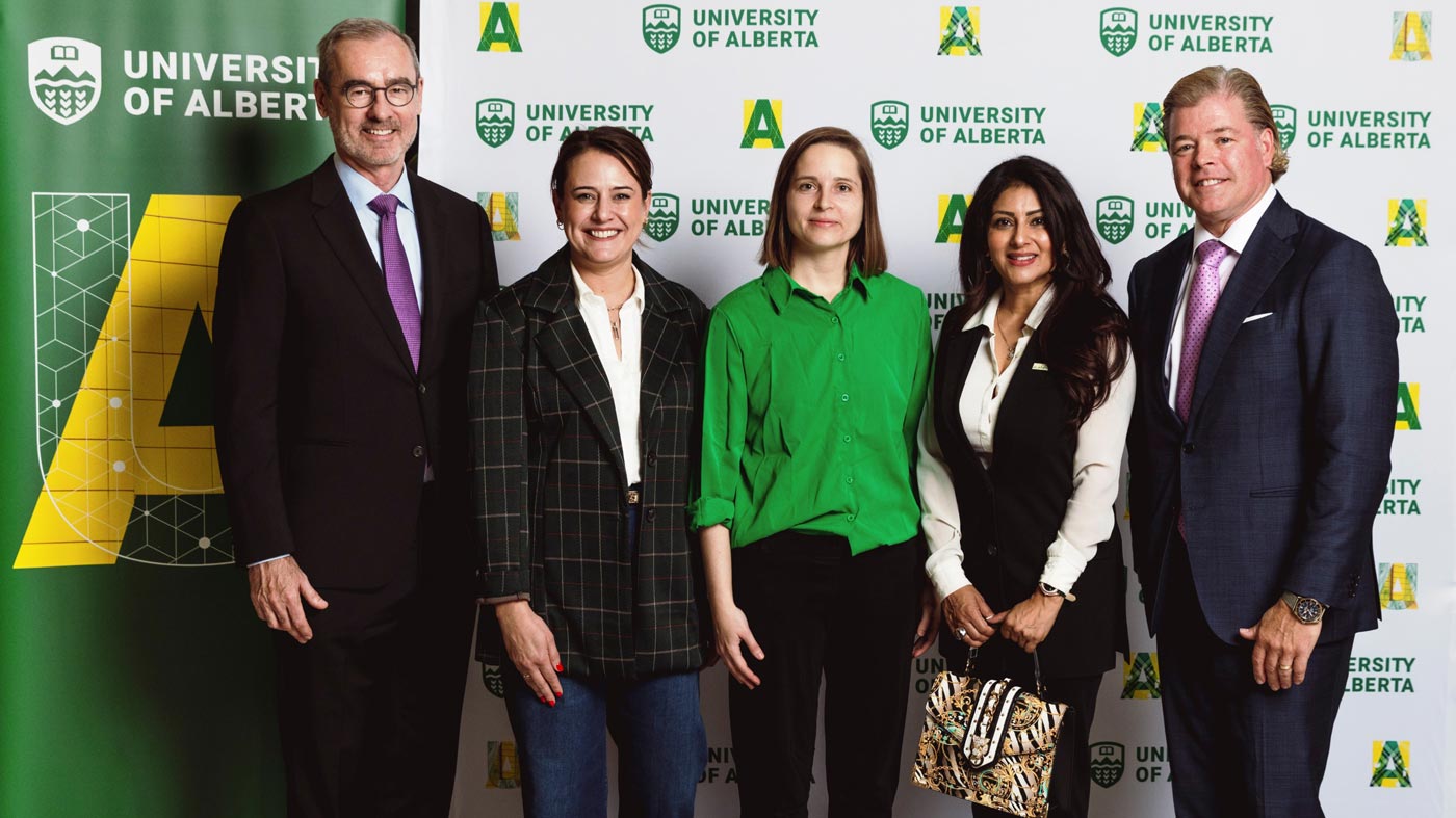 U of A president Bill Flanagan, RLCore co-investor Tiffany Linke-Boyko, RLCore CEO Martha White, Innovation Fund CEO Sheetal Mehta Walsh, and Innovation Fund board chair and donor Darin Rayburn