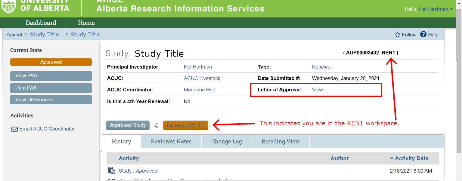 Study PAA workspace, view approval letter