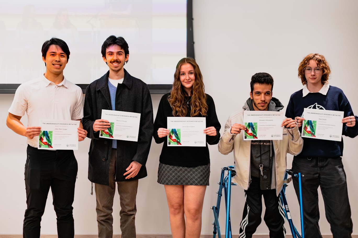 2024 FURCA award winners for outstanding sustainability research, from L to R: John-Paul Cooper, Mason D’Souza, Jacey Brassington, Hussain Alhussainy and Rian Hoyla.