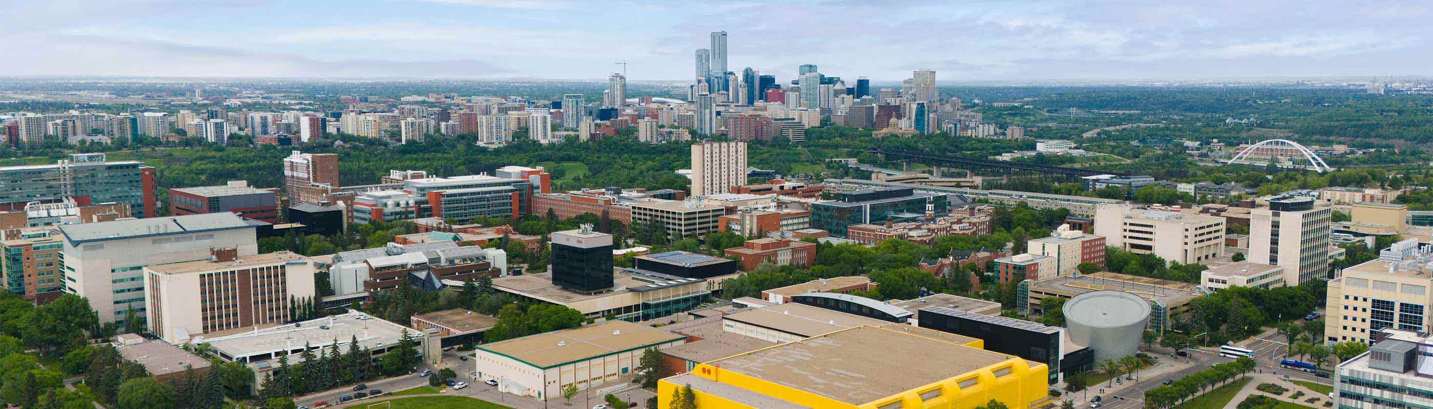 Aerial view of the University of Alberta north campus and downtown Edmonton
