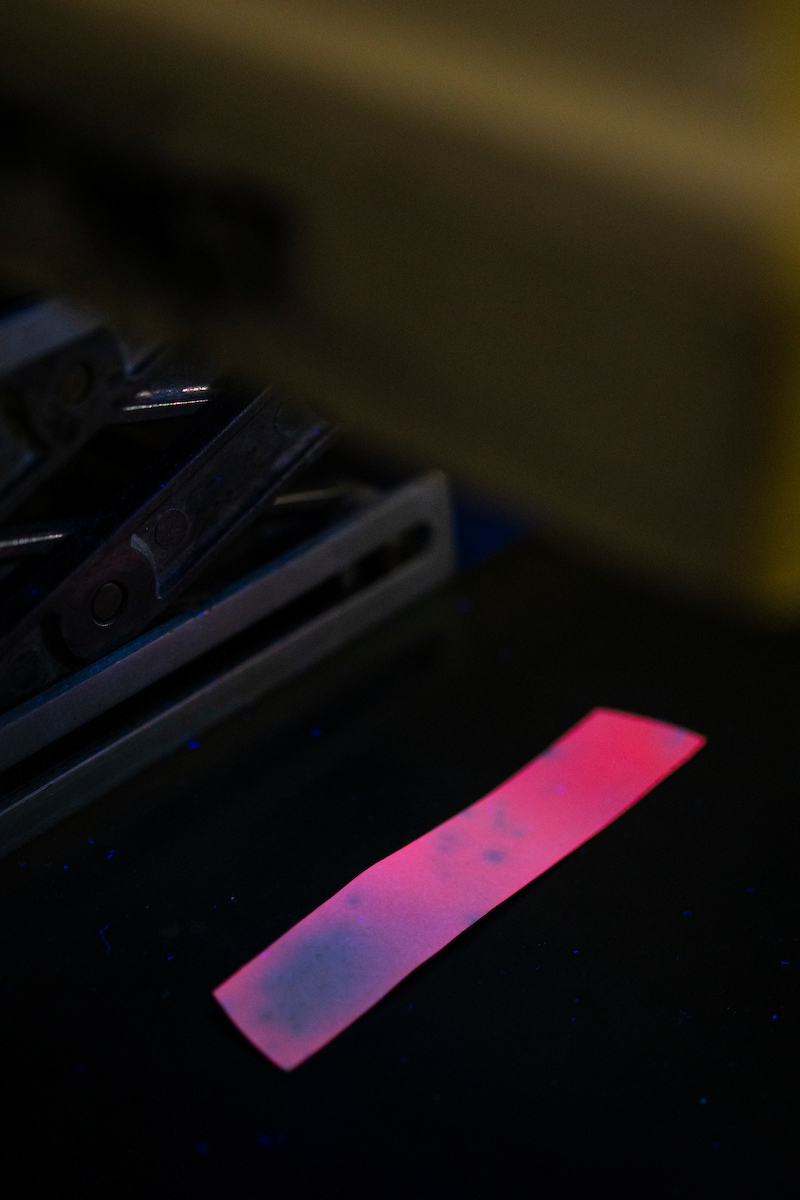 A glowing sample strip that used quantum silicon dots to test for explosive compounds