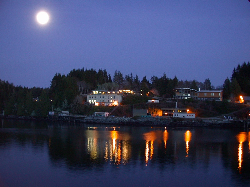 Wide shot of Bamfield Marine Sciences Centre on the waterfront at night with all windows lit up.